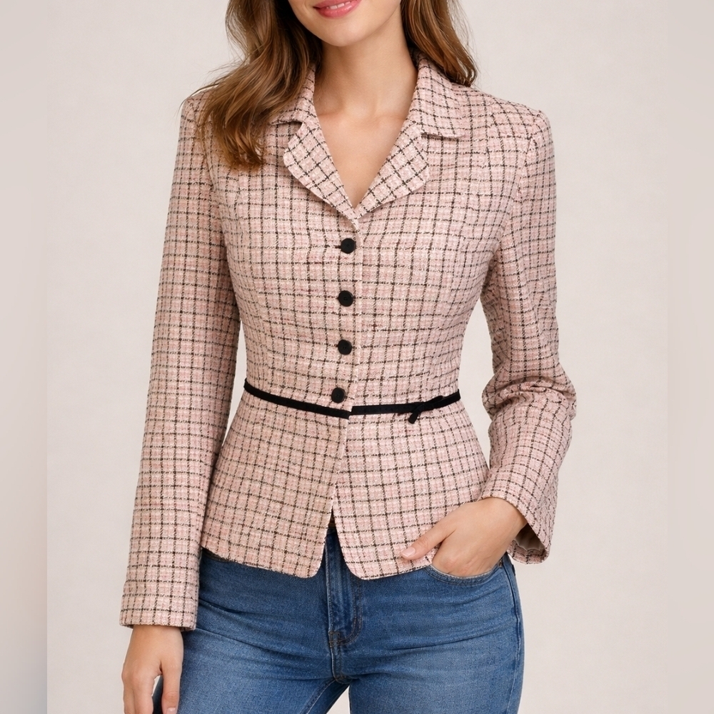 VTG STUDIO I Barbie Pink Black Coquette Tweed Plaid Academia Blazer